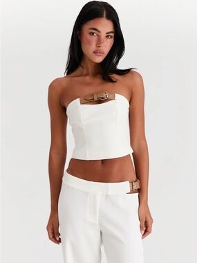 Strapless Buckle Detail White Crop Top & Pant Set